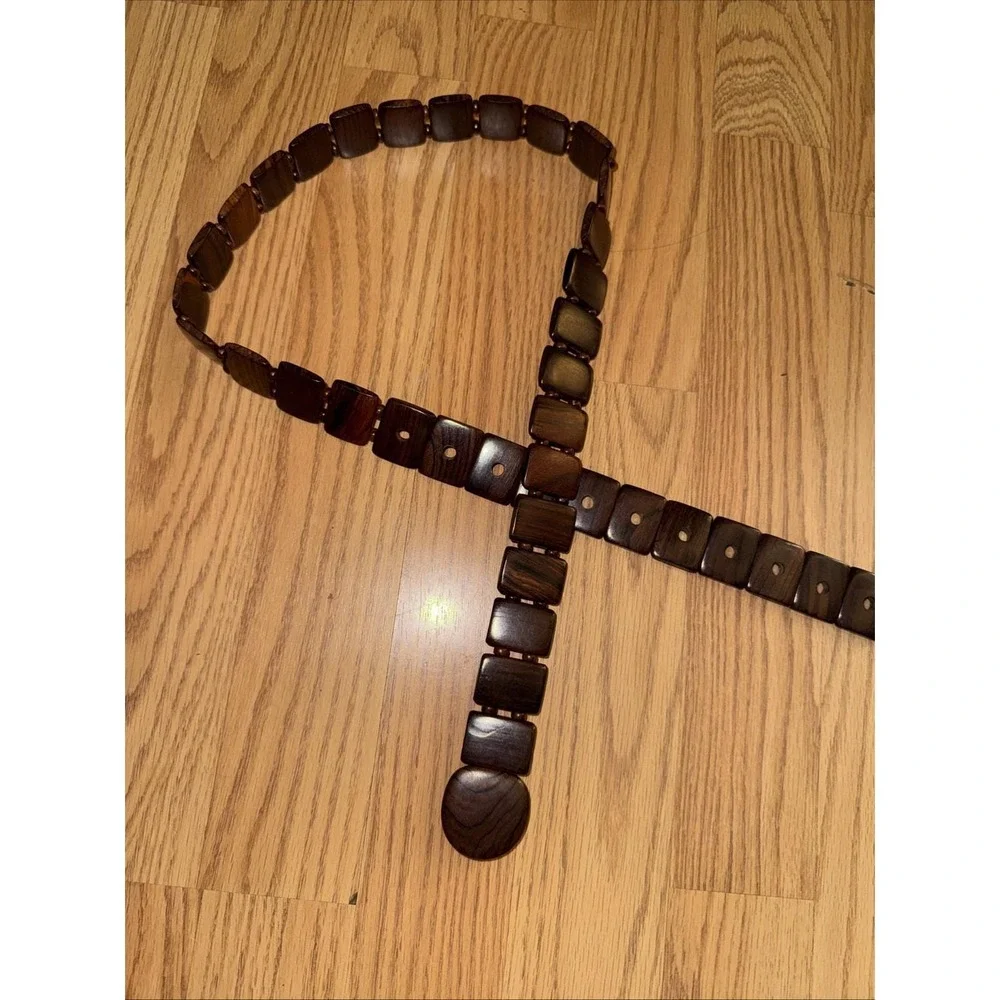 1970s Handcrafted Exotic Wood Link Belt, signed , medium
